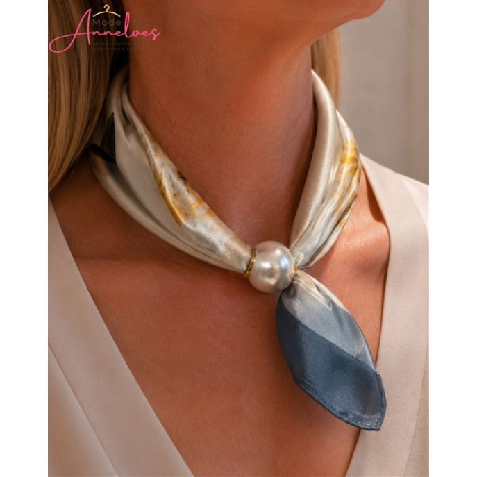 Dames Hals sjaal Blauw geel 527 korte sjaal met parel 
